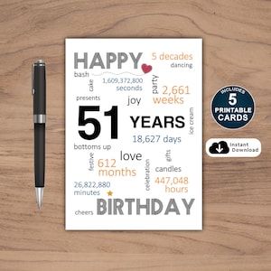 51. Geburtstagskarte, Karte für 51. Geburtstag, Printable 51. Geburtstagskarte, Sofort Download