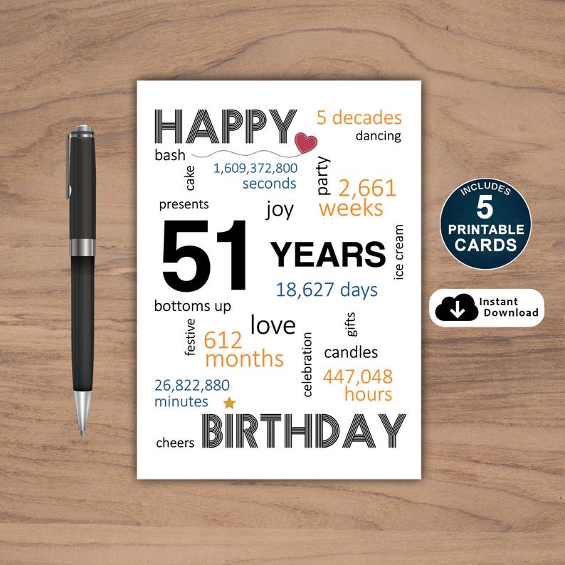 Celebrate a 51st birthday with our exclusive birthday card, available in five popular sizes. Instantly download and choose the perfect card to send to your loved one, making their special day even more joyous.
