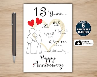 13th Anniversary Card, Couple Design, 5 Printable PDF Cards