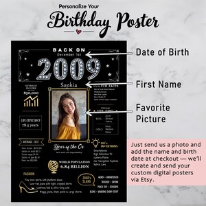 Available in five sizes and ready for instant download, our custom 2009 birthday printable is perfect for any celebration or space. Whether you’re decorating a party, adding a nostalgic touch to your home, or creating a memorable keepsake, you can personalize it with a name, birth date, and photo to make it truly unique.