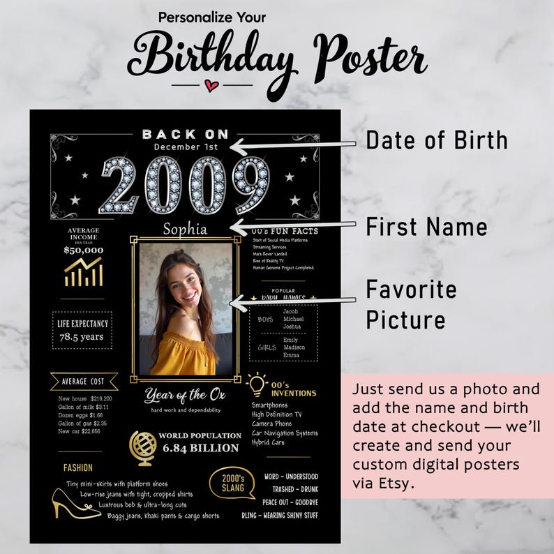 Available in five sizes and ready for instant download, our custom 2009 birthday printable is perfect for any celebration or space. Whether you’re decorating a party, adding a nostalgic touch to your home, or creating a memorable keepsake, you can personalize it with a name, birth date, and photo to make it truly unique.