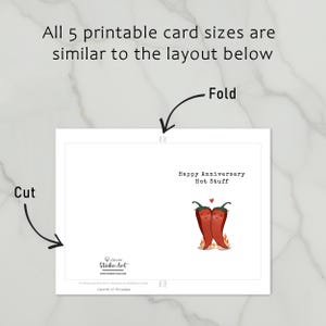 This cute anniversary card features two hot peppers hugging with a flame underneath to symbolize their fiery love. The message, Happy Anniversary Hot Stuff, adds a romantic vibe. All cards have instructions on how to print, cut and fold.