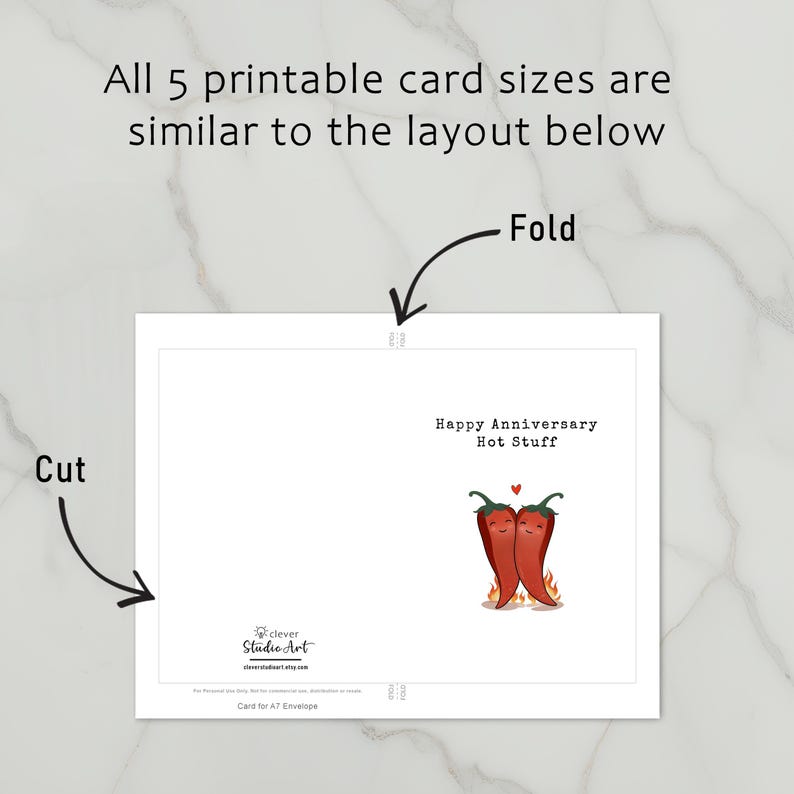 This cute anniversary card features two hot peppers hugging with a flame underneath to symbolize their fiery love. The message, Happy Anniversary Hot Stuff, adds a romantic vibe. All cards have instructions on how to print, cut and fold.
