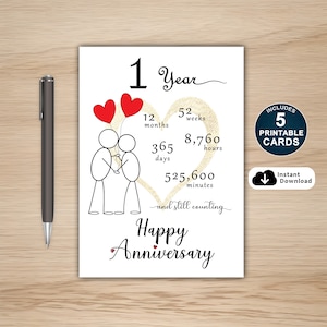 Tarjeta del primer aniversario, tarjeta imprimible del primer aniversario, tarjeta de aniversario para él, tarjeta de aniversario para ella