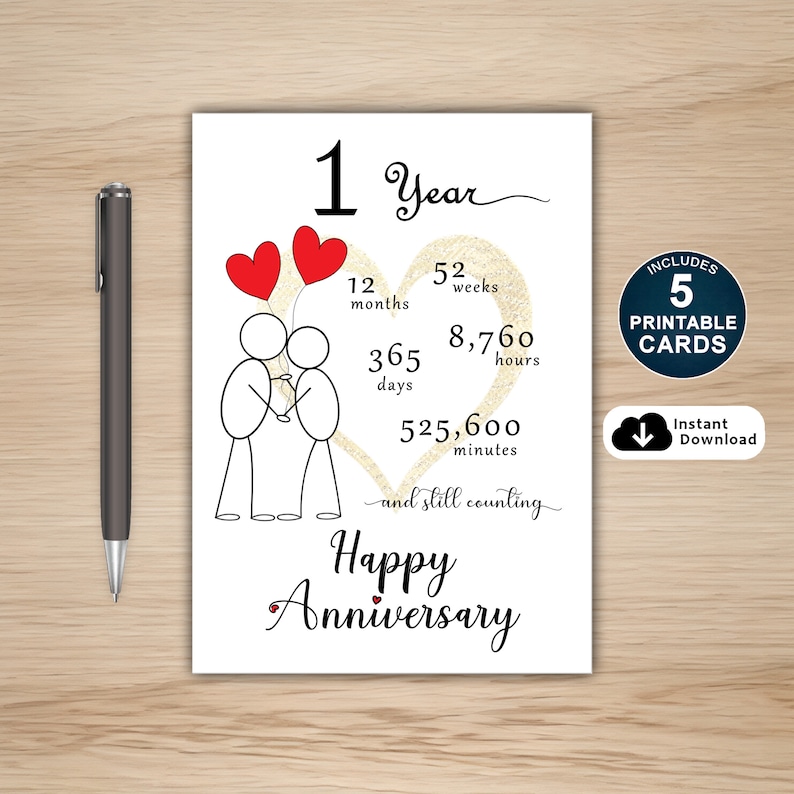 Our 1st anniversary printable card is available in the five most common anniversary card sizes. Download instantly and select the perfect card to send to your loved one for a joyous first anniversary celebration.