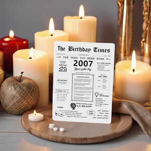 In the 2007 birthday card screenshot, warm candles are in the background, casting a warm glow upon news highlights, intriguing fun facts, evolving fashion trends, unique slang, and groundbreaking inventions from that memorable era