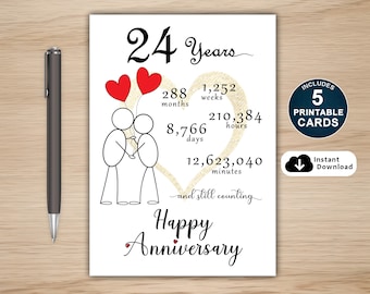 24th Anniversary Card: Printable Milestone Gift (5 PDF Cards)
