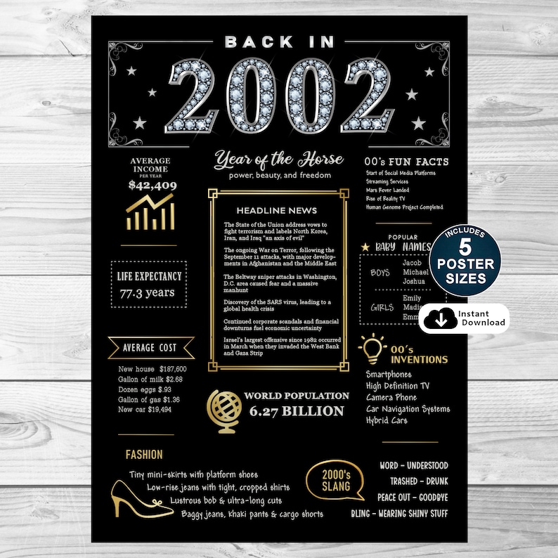 Take a journey to 2002 with our charming birthday poster, an ideal gift. It captures the essence of the era, showcasing income, population, events, culture, fashion, slang, and inventions of 2002. Great for Birthday celebrations!