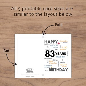 The 83rd birthday card template provides clear guidelines for cutting and folding after printing. This consistent layout ensures ease of use across all five sizes.