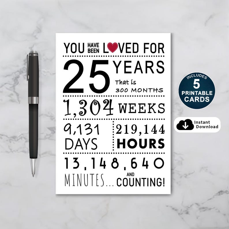 Celebrate a 25th birthday in style with our exclusive birthday card, available in five popular sizes. Instantly download and choose the perfect card to make your loved one's special day even more memorable.