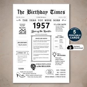 Cartão de feliz aniversário de 68 anos, cartão de aniversário para impressão para o 68º aniversário, nascido em 1957, presente para mãe, pai, avó ou avô, download instantâneo