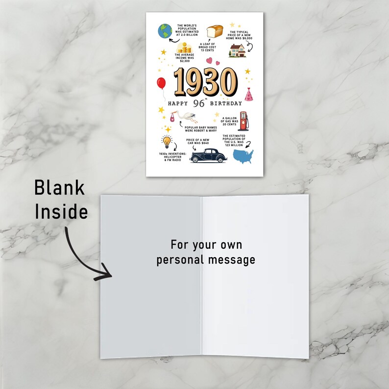 The inside of this 1930 printable birthday card is blank by design, giving you room to add a heartfelt note and make your 1930 birthday wishes truly personal.