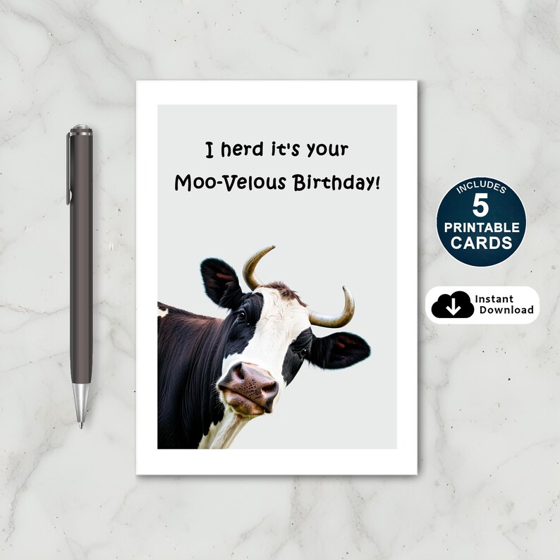Celebrate a birthday with our delightful Cow-themed card! Featuring a cute cow and the cheerful message 'I herd it's your Moo-velous Birthday!' Available in 5 popular sizes, it's a perfect way to brighten your loved one's special day.