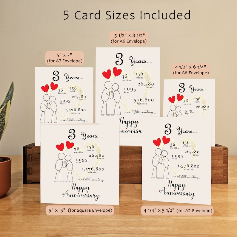 Our 3 year anniversary printable card is available in the five most common anniversary card sizes. Download instantly and select the perfect card to send to your loved one for a joyous anniversary celebration.
