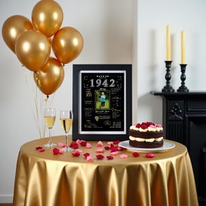 Celebrate in style with our personalized 1942 birthday poster! Packed with fun facts, major events, and pop culture from 1942, it makes the perfect party centerpiece and conversation starter. Personalize with a name, birth date, and photo for a keepsake they’ll cherish.