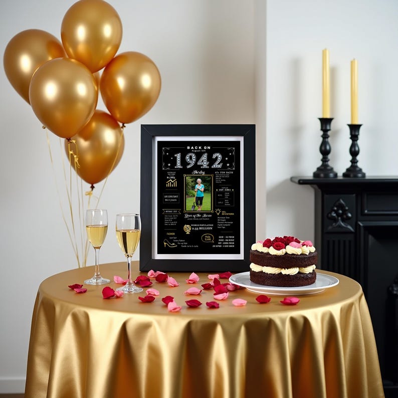 Celebrate in style with our personalized 1942 birthday poster! Packed with fun facts, major events, and pop culture from 1942, it makes the perfect party centerpiece and conversation starter. Personalize with a name, birth date, and photo for a keepsake they’ll cherish.