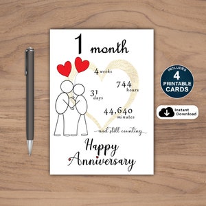 1 month Anniversary Card Printable: The anniversary card displays 1 month at the top and delicately written Happy Anniversary at the bottom.