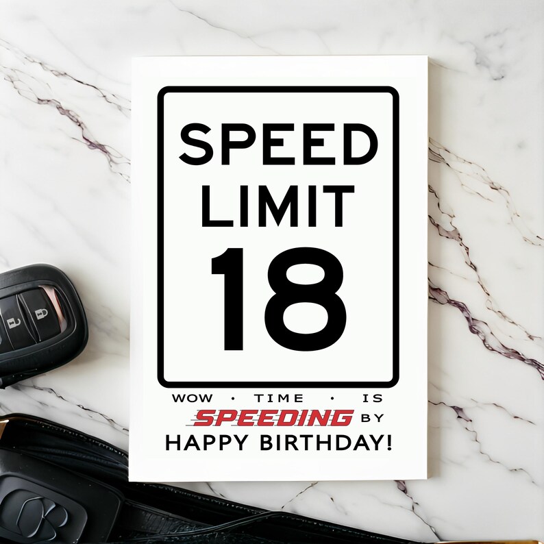Celebrate their 18th birthday with our Speed Limit Birthday Card, show cased next to a set of car keys. This thoughtful combo adds a memorable touch to their special birthday celebration, marking the start of an exciting journey ahead.