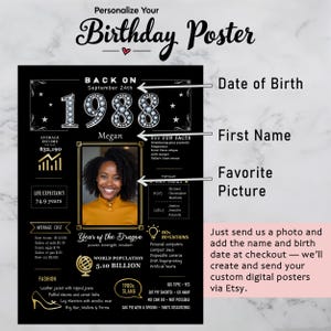 Available in 5 sizes and ready for instant download, our custom 1988 birthday printable is perfect for any celebration or space. Whether you’re decorating for a birthday party, adding a nostalgic touch to your home, or creating a memorable keepsake, you can personalize it with a name, birth date, and photo to make it truly unique.