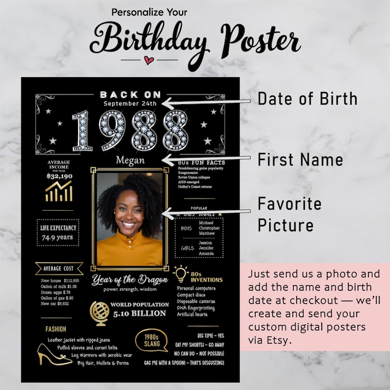 Available in 5 sizes and ready for instant download, our custom 1988 birthday printable is perfect for any celebration or space. Whether you’re decorating for a birthday party, adding a nostalgic touch to your home, or creating a memorable keepsake, you can personalize it with a name, birth date, and photo to make it truly unique.