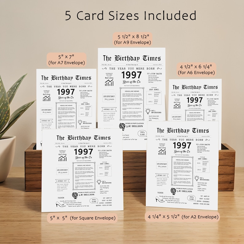 Our 1997 birthday printable card comes in the 5 most common birthday card sizes. Download instantly and choose the perfect card to send to your loved one for a joyous celebration of their 1996 birthday.