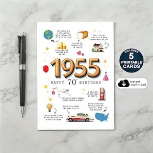 Tarjeta de 70.º cumpleaños, nacida en 1955, imprimible. Regalo de 70.º cumpleaños para papá, mamá, hermana o hermano. Tarjeta con datos curiosos de 1955. Descarga instantánea.