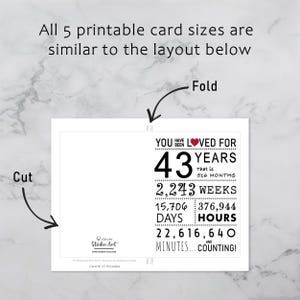 The 43rd birthday card template provides clear guidelines for cutting and folding after printing. This consistent layout ensures ease of use across all five sizes.