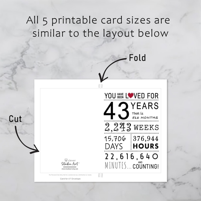The 43rd birthday card template provides clear guidelines for cutting and folding after printing. This consistent layout ensures ease of use across all five sizes.