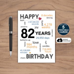82歳の誕生日カード、82歳の誕生日カード、印刷可能な82歳の誕生日カード、即時ダウンロード
