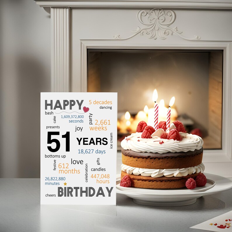 Celebrate a 51st birthday with an enchanting card alongside a beautifully decorated birthday cake. This card features joyful wishes like bash, "joy," gifts, dancing, and a special mention of the exact years, months, days, and hours.