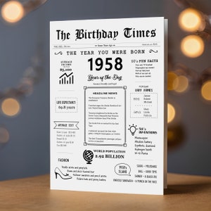 The 1958 birthday card is displayed against a background of beautiful ambient lights. It highlights income, population, events, culture, fashion, slang, and inventions from the 1958 time.