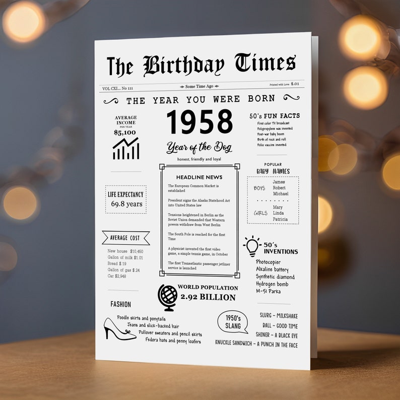 The 1958 birthday card is displayed against a background of beautiful ambient lights. It highlights income, population, events, culture, fashion, slang, and inventions from the 1958 time.