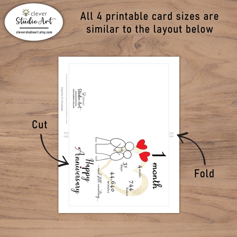 The template shows where to cut and fold the anniversary card after printing it