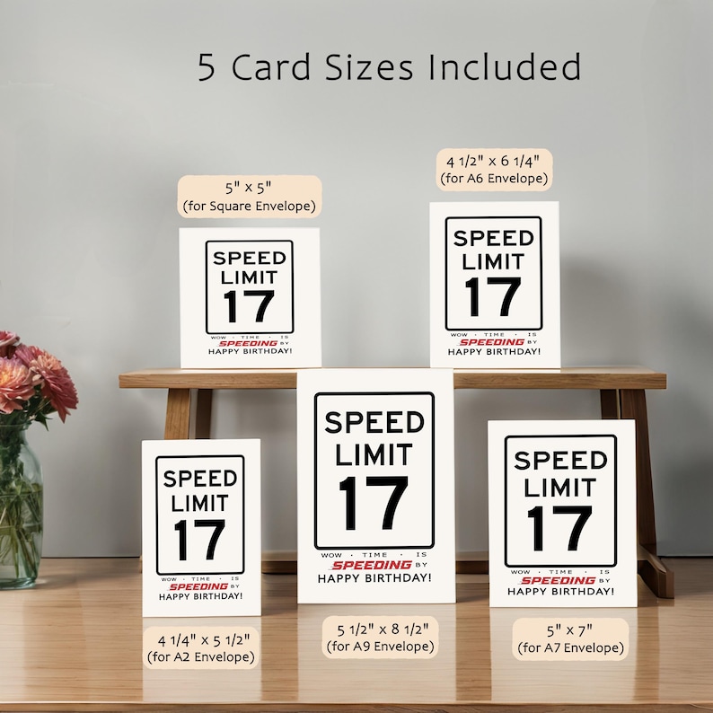 Celebrate their 17th with our printable Speed Limit Birthday Card, available in 5 popular birthday card sizes. Instantly download and choose the perfect design to make their birthday truly memorable.