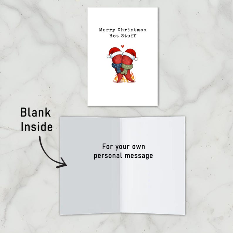 This festive card features two hot peppers hugging in love, with a flame below and Santa hats for a holiday touch. The message, Merry Christmas Hot Stuff, adds spice to your holidays. The card is blank inside to write your own personal message