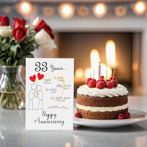 Celebrate your 33 year anniversary with an enchanting card featuring a gold heart and intertwined heart balloons held by stick figures, displayed next to an anniversary cake for timeless elegance.