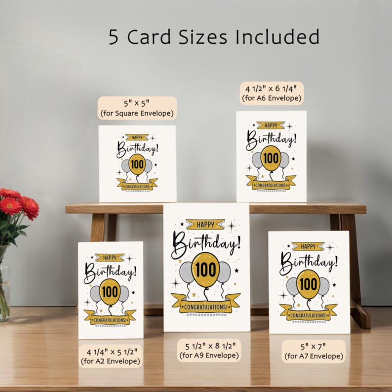 Celebrate their 100th birthday with our printable Happy 100th Birthday Card, offered in five popular sizes. Instantly download and select the perfect design to make their birthday truly memorable!