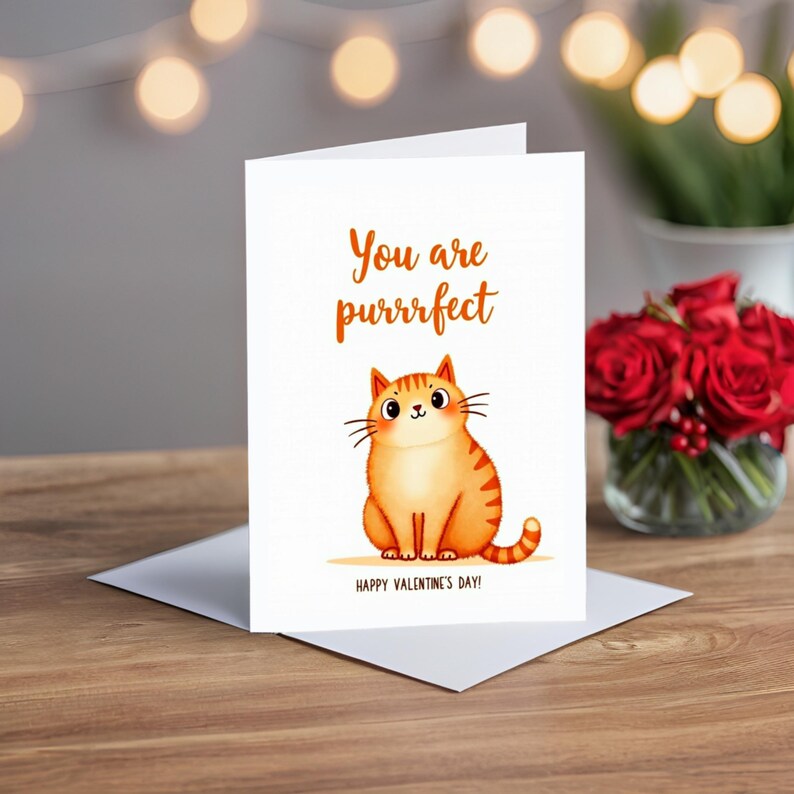 Modern Valentine greeting card displayed on a wooden table. The front features a cute orange cat illustration and the text You are purrrfect.