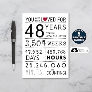 Biglietto di auguri per il 48° compleanno, biglietto di auguri stampabile, sei stato amato per 48 anni, biglietto di auguri per il 48° compleanno per lui o per lei