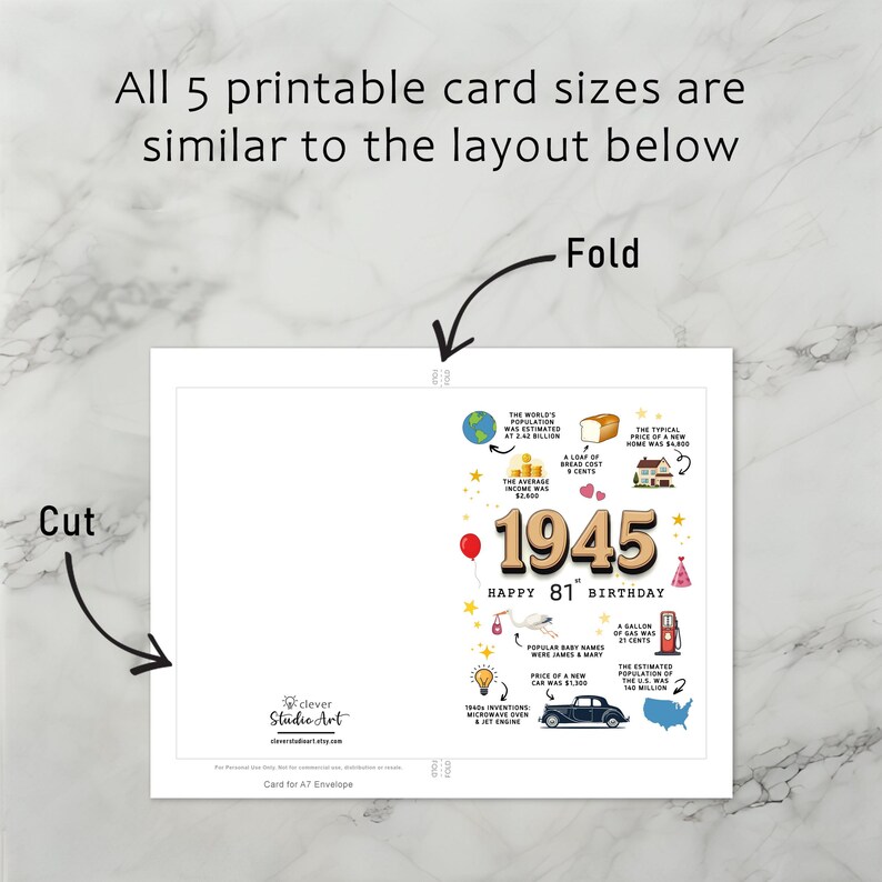 The 1945 birthday card template offers precise instructions for cutting and folding after printing. This consistent layout ensures a user-friendly experience for all five 1945 birthday cards.