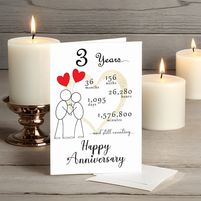 Celebrate your 3 year anniversary with an enchanting card that features a gold heart and intertwined heart balloons held by stick figures. It's presented alongside white candles adding a touch of romance and charm.