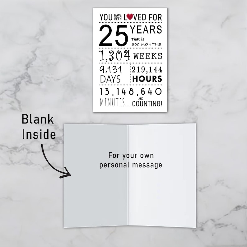 The inside of the 25th birthday printable card is intentionally blank, allowing you to pen a heartfelt message and add a personal touch to their special day.