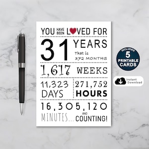 Tarjeta de cumpleaños número 31, tarjeta de cumpleaños imprimible, te han amado durante 31 años, tarjeta de cumpleaños número 31 para esposa o esposo