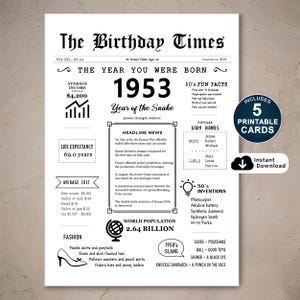 Carte de joyeux 72e anniversaire, carte d'anniversaire imprimable pour 72e anniversaire, né en 1953, cadeau pour maman, papa, grand-mère ou grand-père, téléchargement immédiat