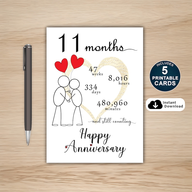 Celebrate your 11 months with our anniversary card, available in the five most popular sizes. Download instantly and choose the perfect card to send to your loved one for a joyous anniversary celebration.