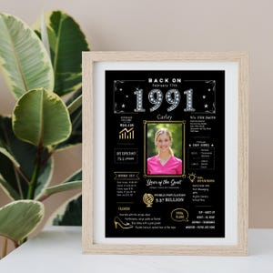 Our custom 5x7 1991 birthday printable poster is perfect for framing and displaying on a desk at home or in the office, adding a touch of vintage 1991 charm. Personalize it with a name, birth date, and photo to create a truly unique keepsake they’ll treasure.e.