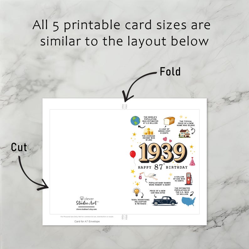 Each 1939 birthday card download includes clear, easy-to-follow instructions for printing, trimming, and folding, ensuring a smooth experience with all 5 birthday card versions.
