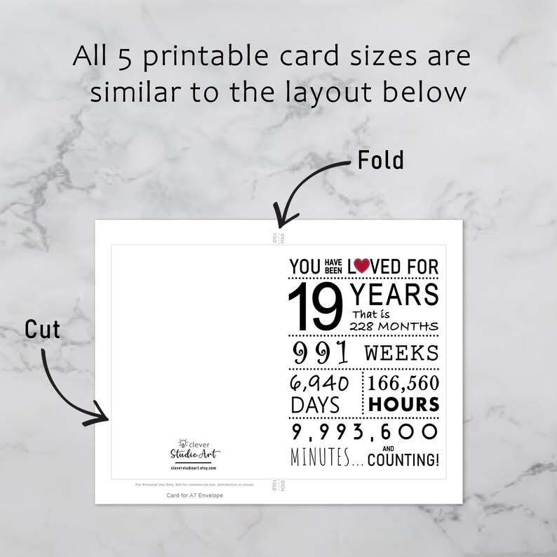 The 19th birthday card template provides clear guidelines for cutting and folding after printing. This consistent layout ensures ease of use across all five sizes.