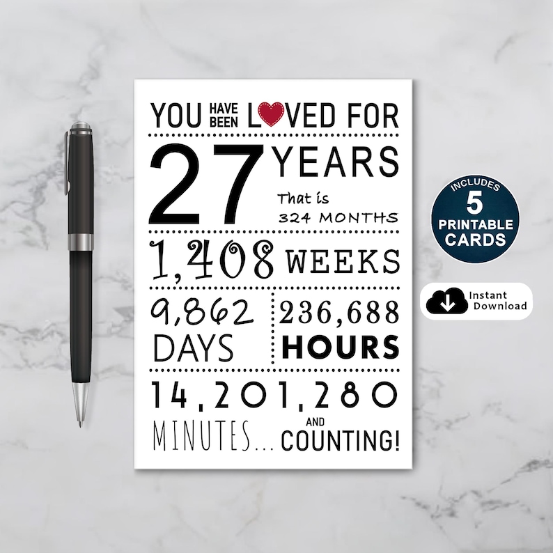 Make a 27th birthday unforgettable with our exclusive birthday card collection, available in five popular sizes. Instantly download your favorite design and add a special touch to your loved one's big day.