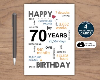 PRINTABLE 70th Birthday Card Birthday Card Printable Instant - Etsy